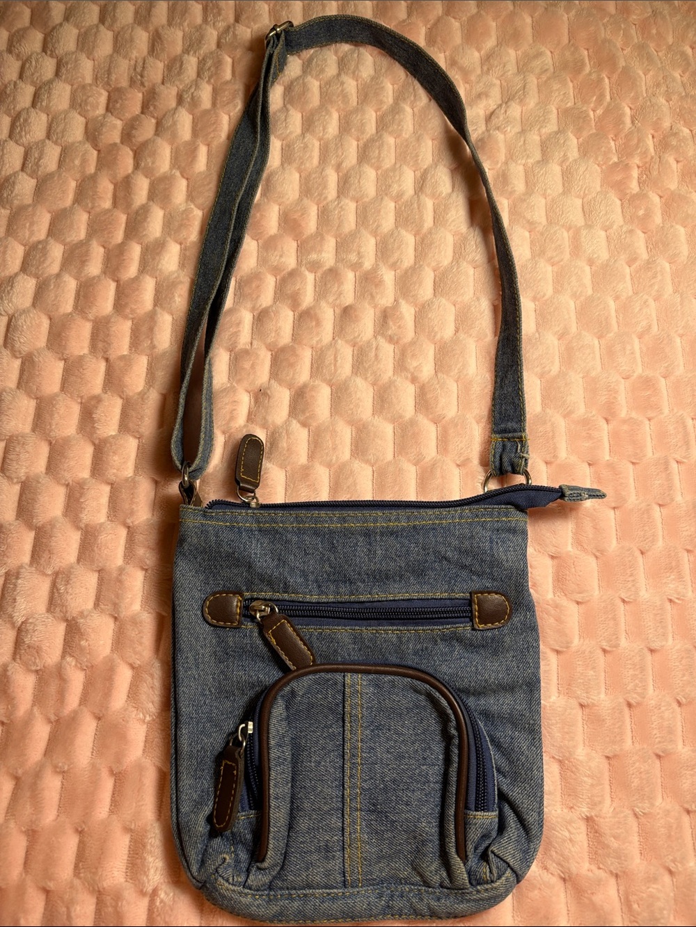 Y2K Denim Shoulder Bag | Blue Jean Crossbody Purse | Brown Details